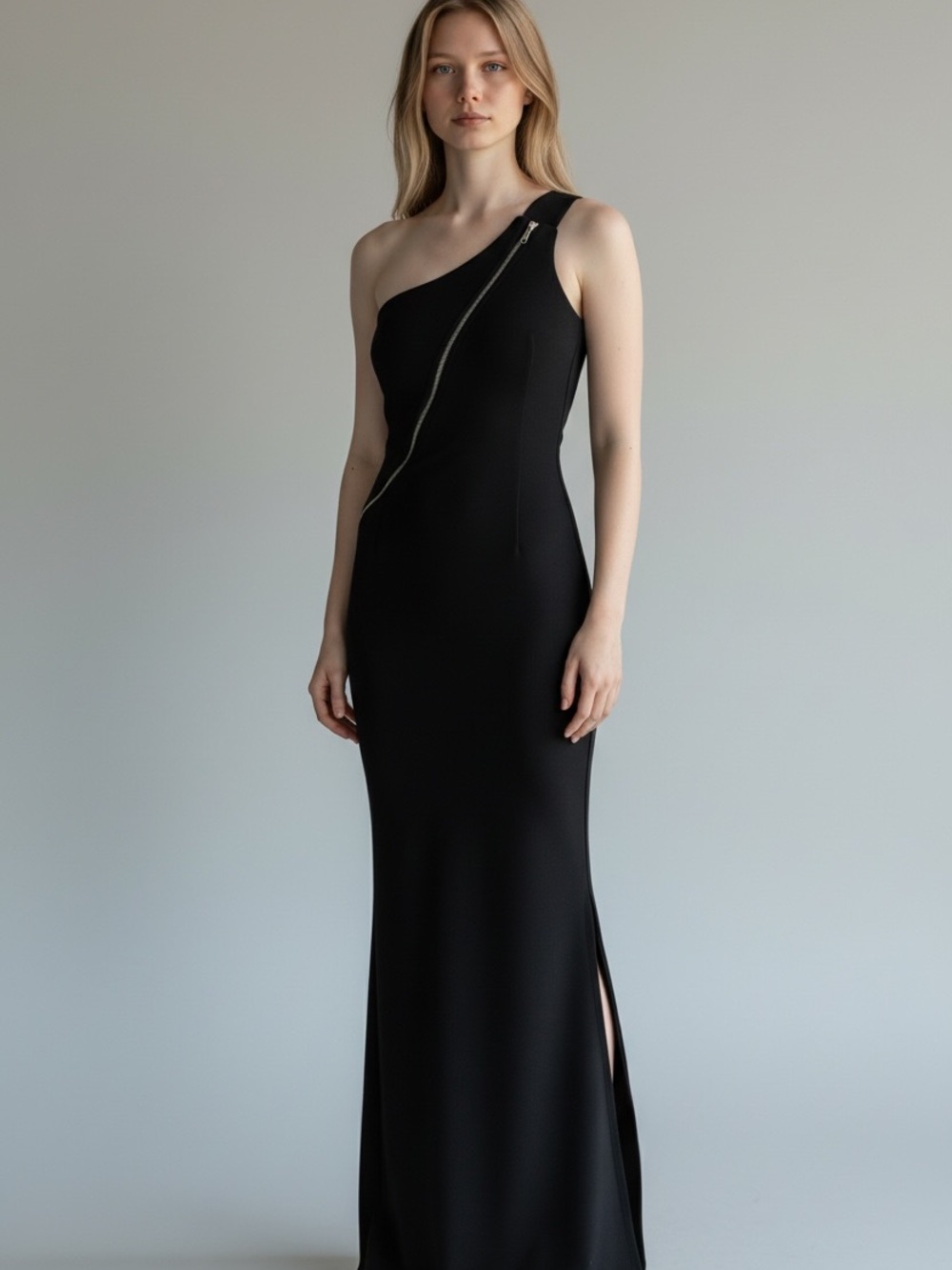Fashion Nova Black One-Shoulder Maxi Gown with Diagonal Silver Zip